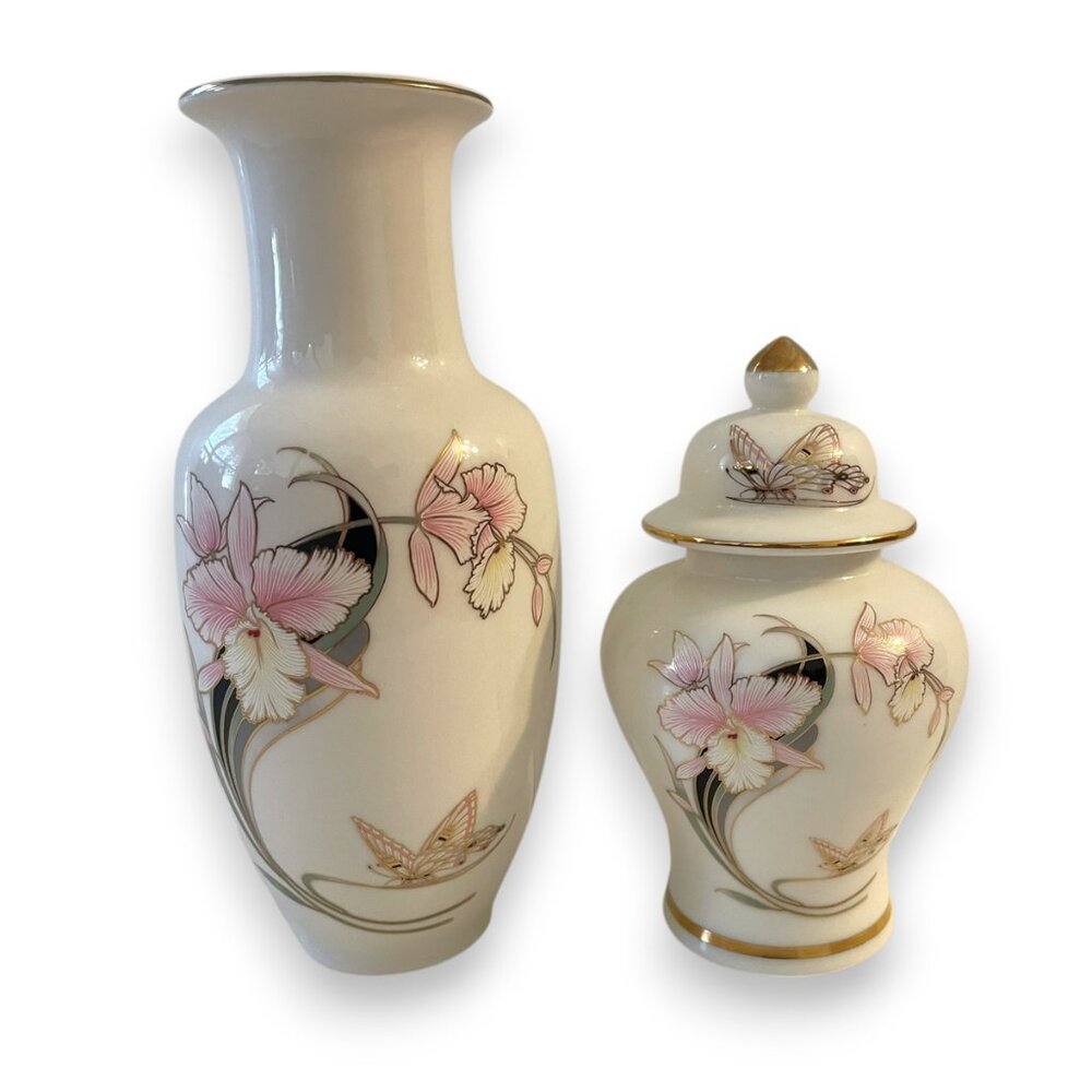 Fine China Vintage Orchid and Butterfly Vase and Ginger Jar Set